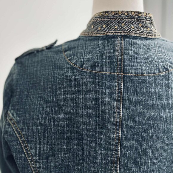 Simon Chang Indigo Embellished Luxe Denim Jacket with Gold Detailing – US 10 - Picture 10 of 13